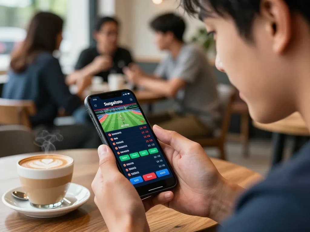 Sungaitoto user placing a strategic sports bet on a smartphone in a vibrant cafe.