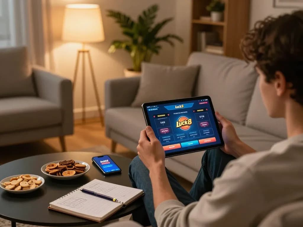 Engaging in online gambling with luck8 đăng nhập in a cozy living room setting