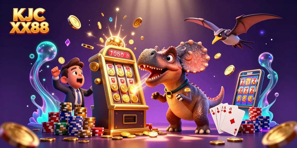 KJC XX88 showcases a cartoon dinosaur in a casino, celebrating jackpot wins and collecting coins.
