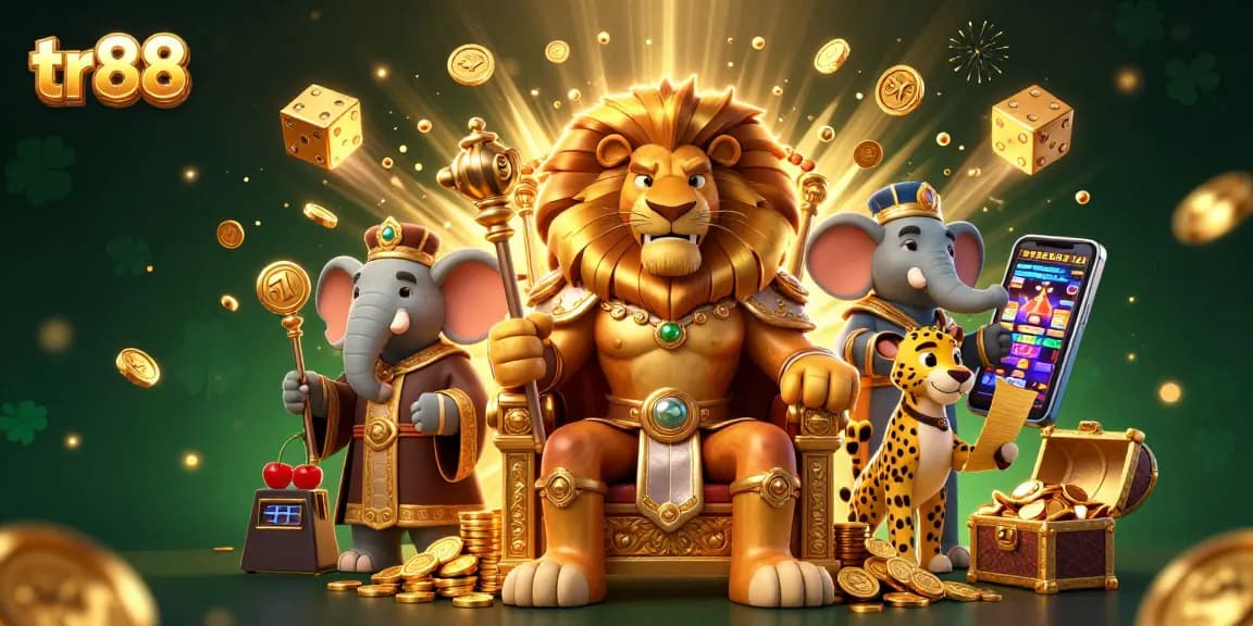 Experience the excitement of TR88 with a dynamic casino scene featuring a lion king and vibrant gaming elements.