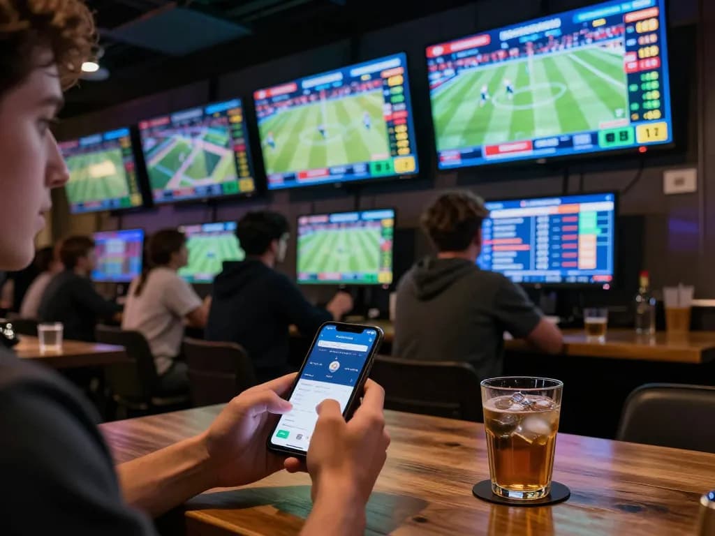 Engaged sports bettor checking tỷ lệ nhà cái on smartphone amidst a lively sports bar atmosphere.