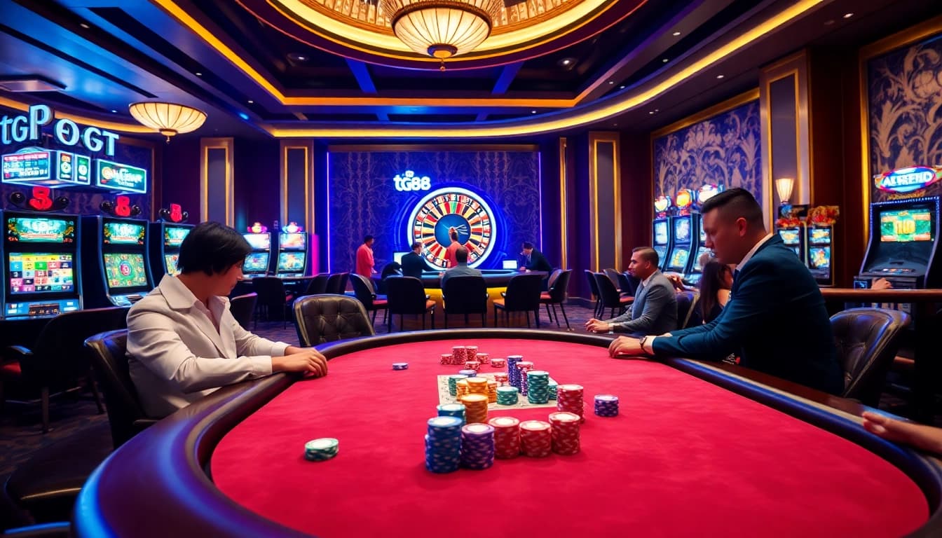A thrilling game at tg88 casino featuring intense poker action with colorful chips and vibrant slot machines.
