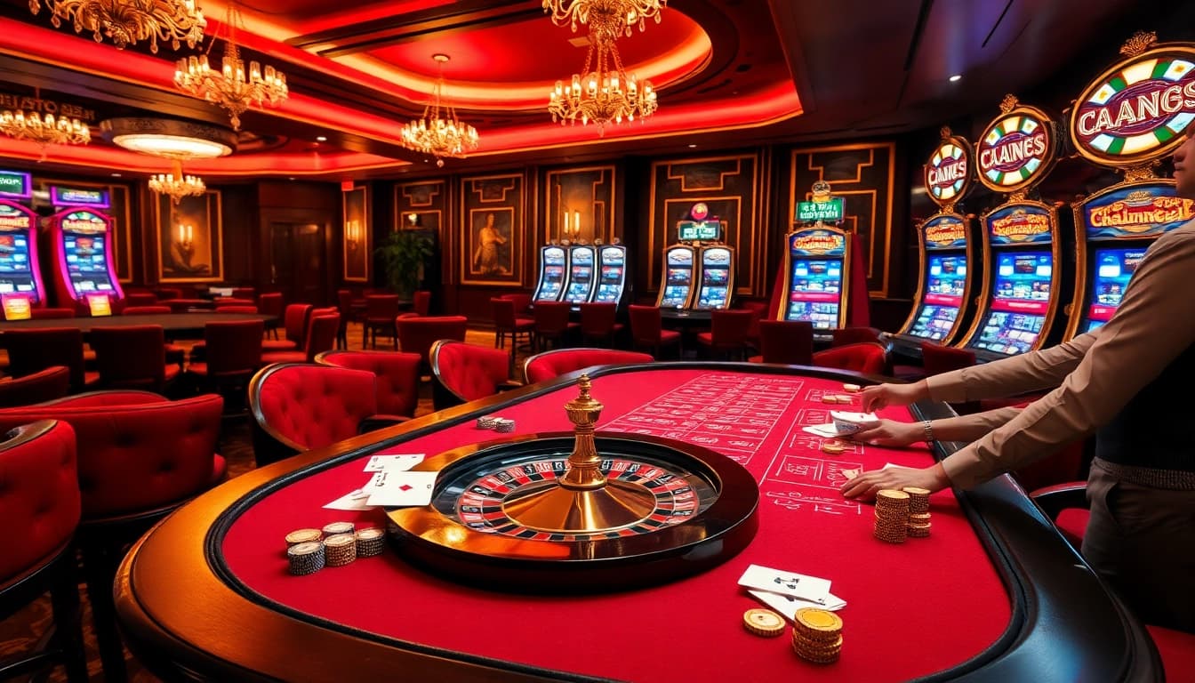 Players enjoying exhilarating games at SODO66 casino, showcasing vibrant tables, chips, and cards.