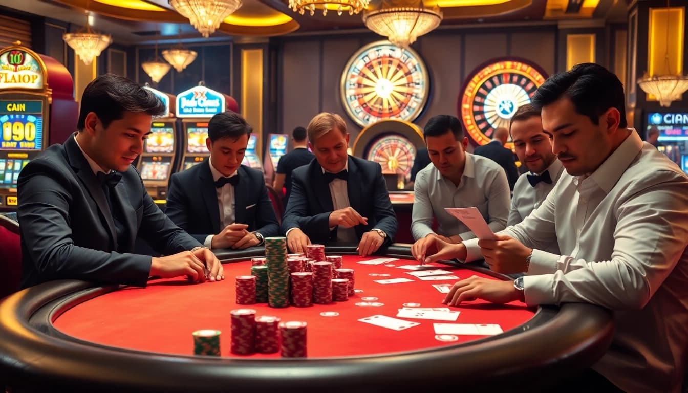 XX 88 poker players strategizing their bets at a luxurious casino table.