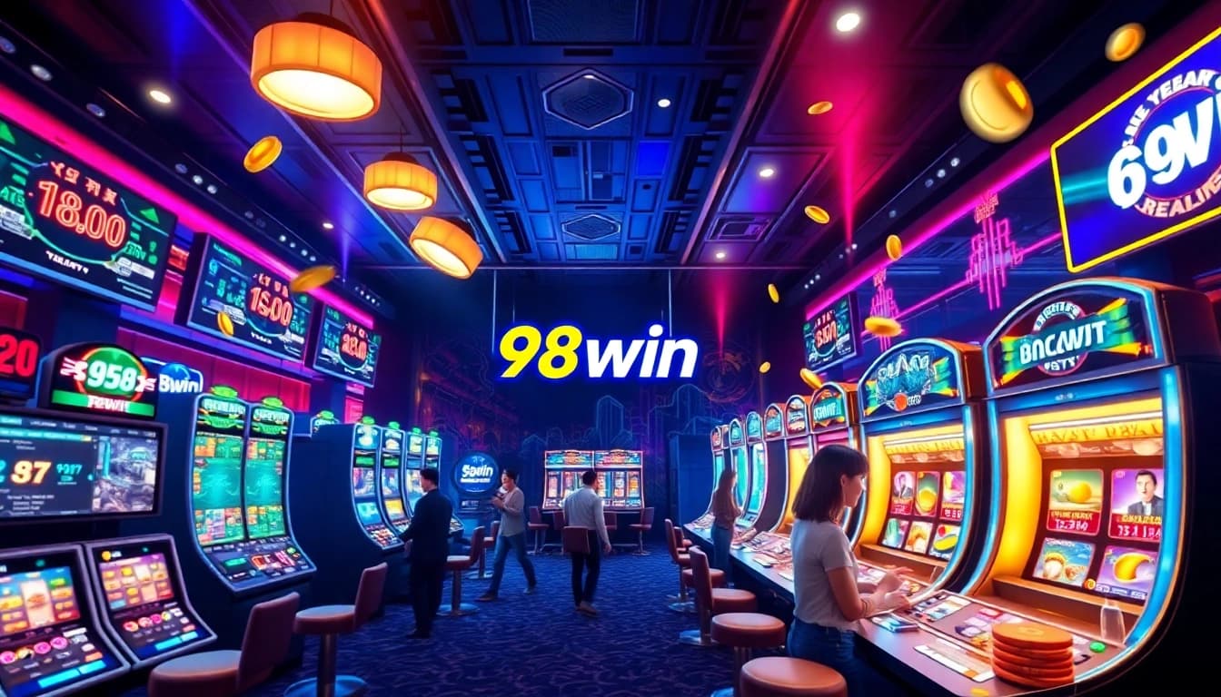 Experience the thrill of 98win trang chu with an immersive online casino setting showcasing diverse games and vibrant digital atmosphere.