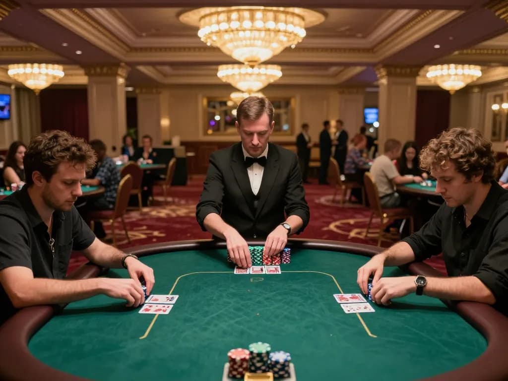 Players engaging in an intense poker game at mb66 casino, surrounded by luxurious decor and vibrant atmosphere.