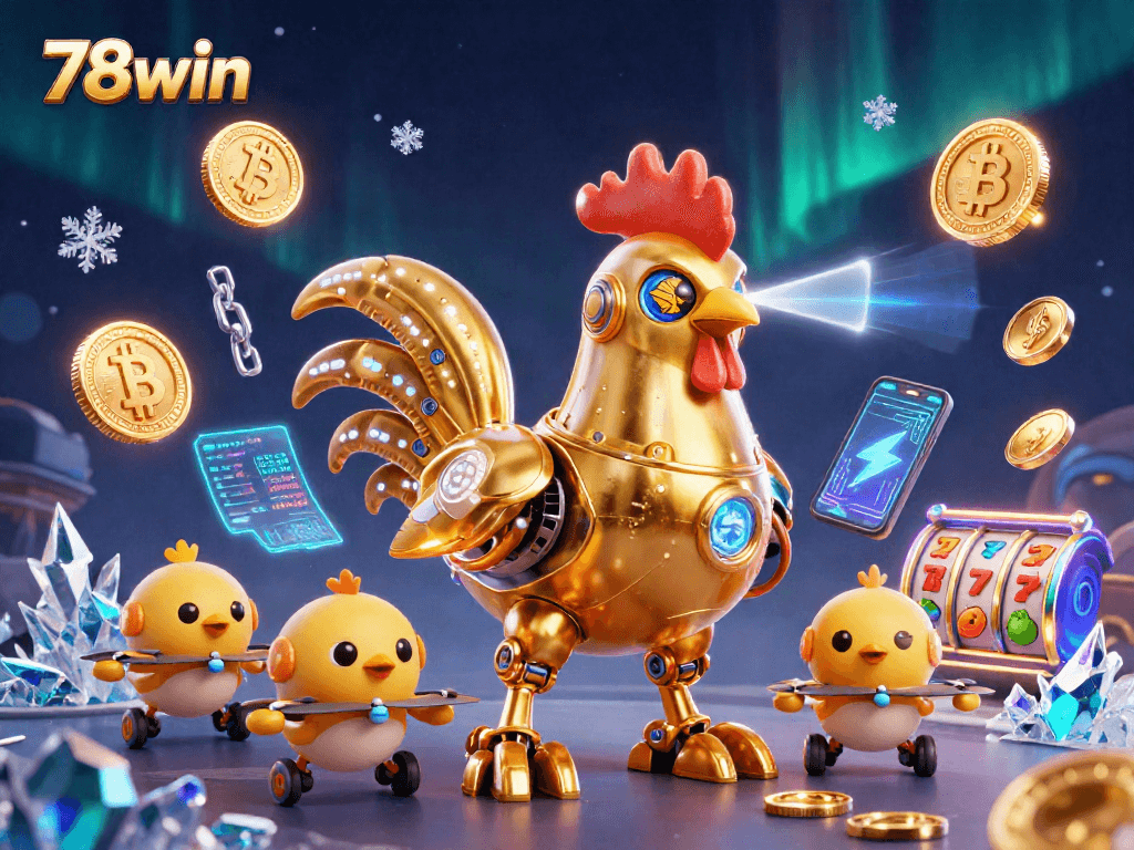 Experience thrilling gaming with 78win featuring vibrant slot reels and crypto elements in a dynamic casino scene.