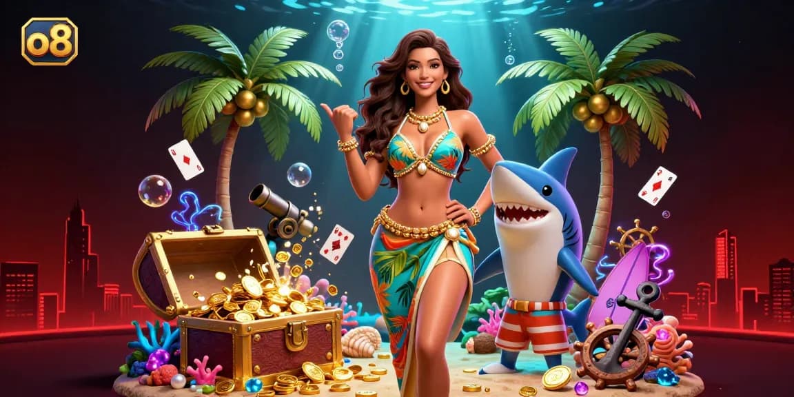 Experience the excitement of the o8 casino with vibrant characters and dynamic treasures in a captivating underwater setting.
