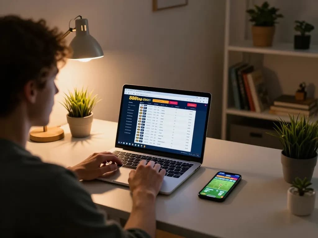 Engaged user at 888top shop betting while using laptop and smartphone in a cozy home setup