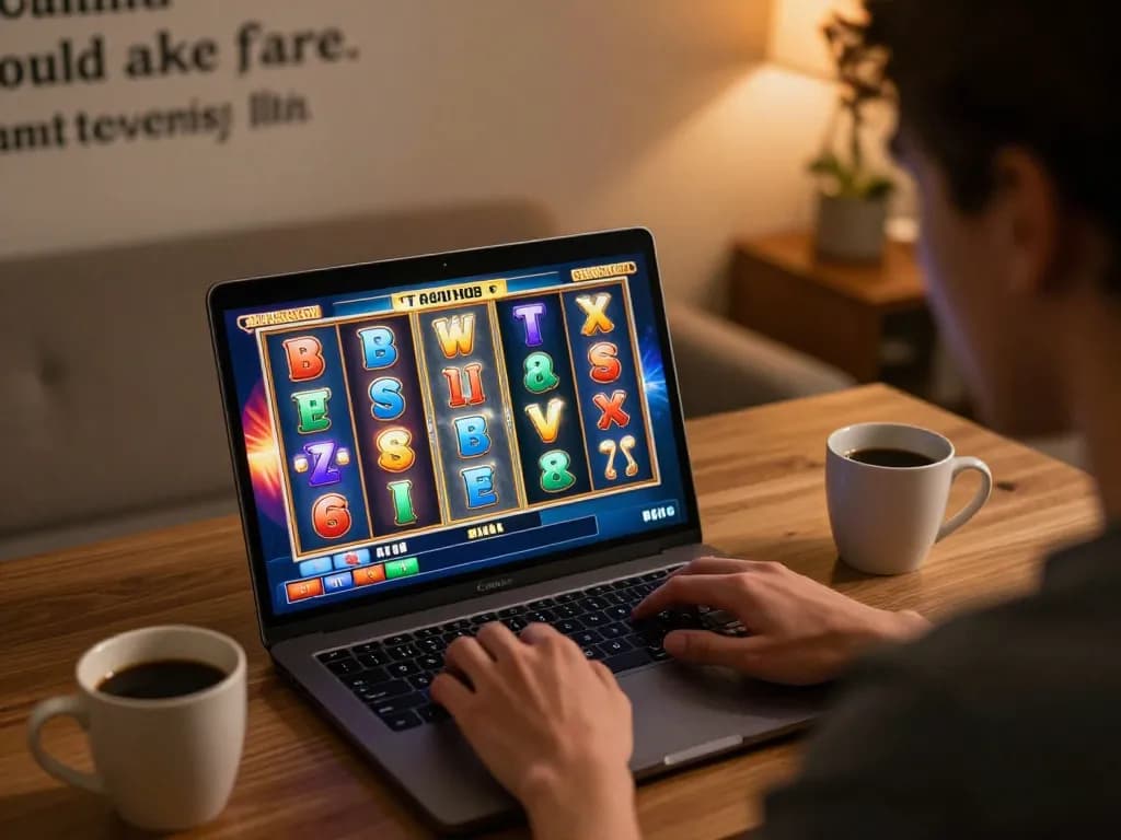 Engaging player at home exploring link gacor slots on laptop with colorful reels.