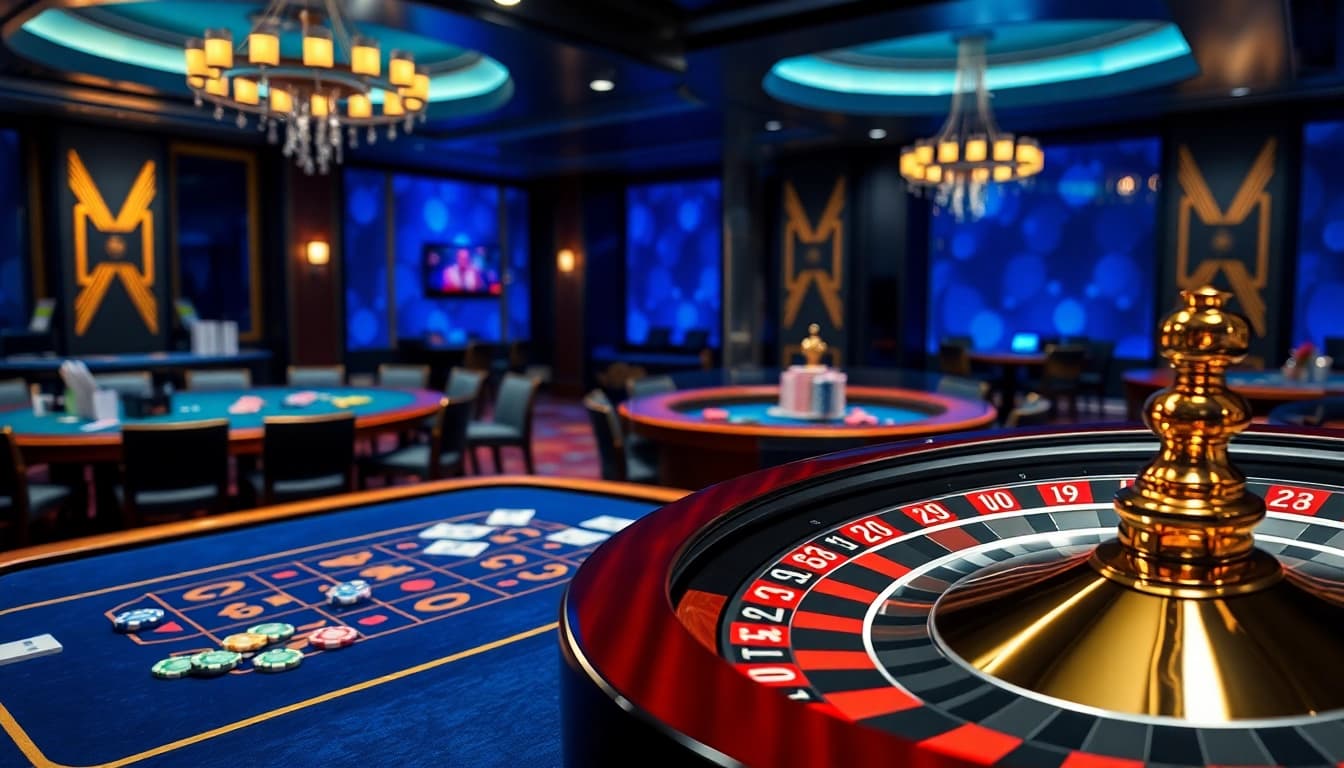 Experience the excitement of gambling on 88ii88.com with luxurious casino scenes filled with poker games and roulette tables.