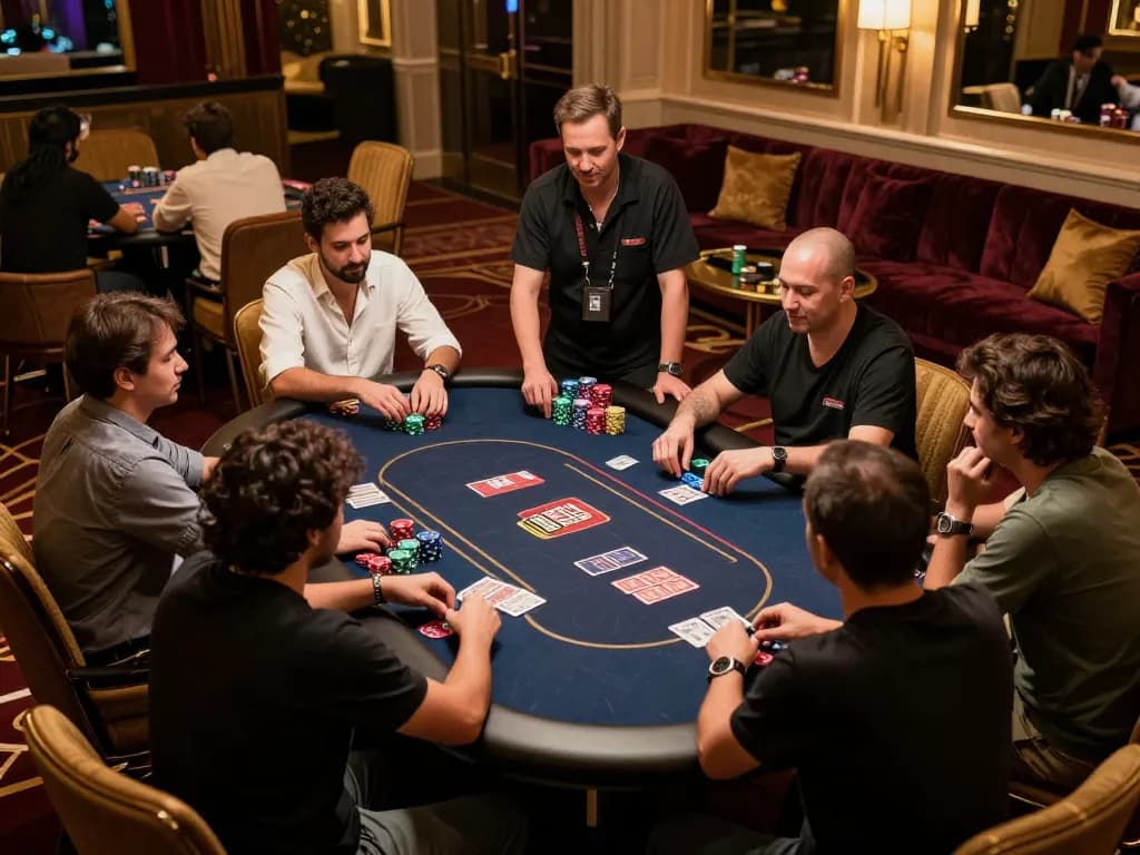 Players enjoying tense moments of strategy at gamebaidoithuong8 poker table in a luxurious casino.