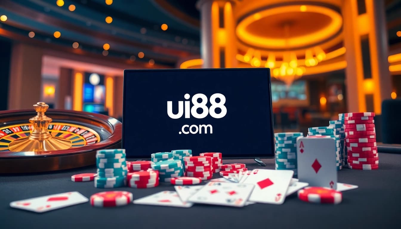 Players engaging in thrilling games at uu88 com, showcasing casino elements like poker chips and cards.