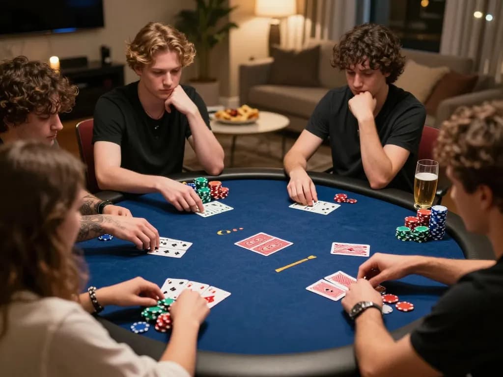 Players engaging in poker at home, showcasing LV88 strategic gaming atmosphere with vibrant cards and chips.