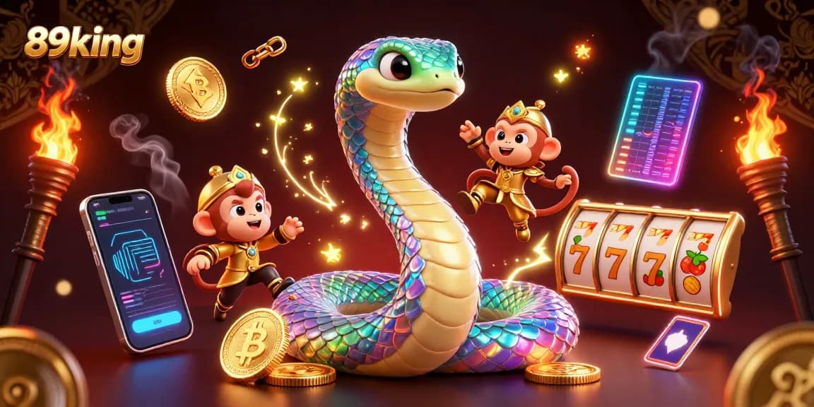 Engage with 89king in this vibrant casino-themed digital illustration featuring dynamic gaming elements and a playful monkey king.