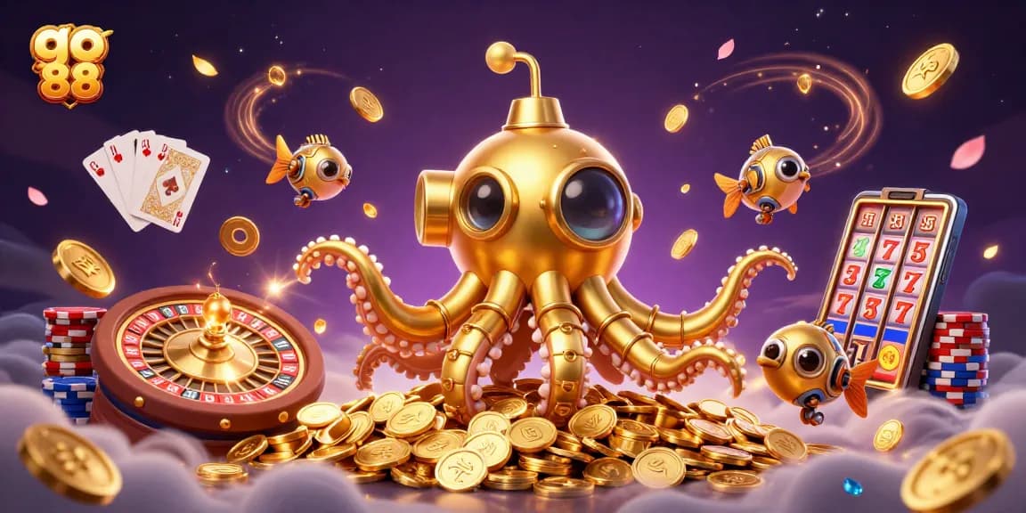 Engage in thrilling gambling at go 88 with a dynamic scene featuring a golden kraken and riches.