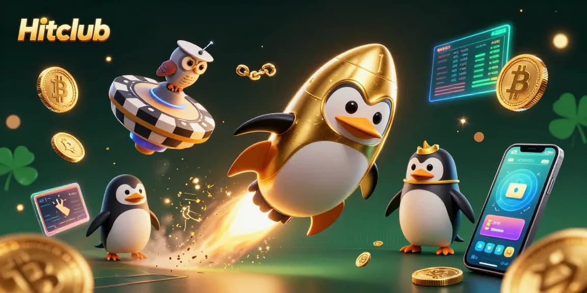 Hitclub engages players with a vibrant 3D casino scene featuring a rocket-powered penguin.