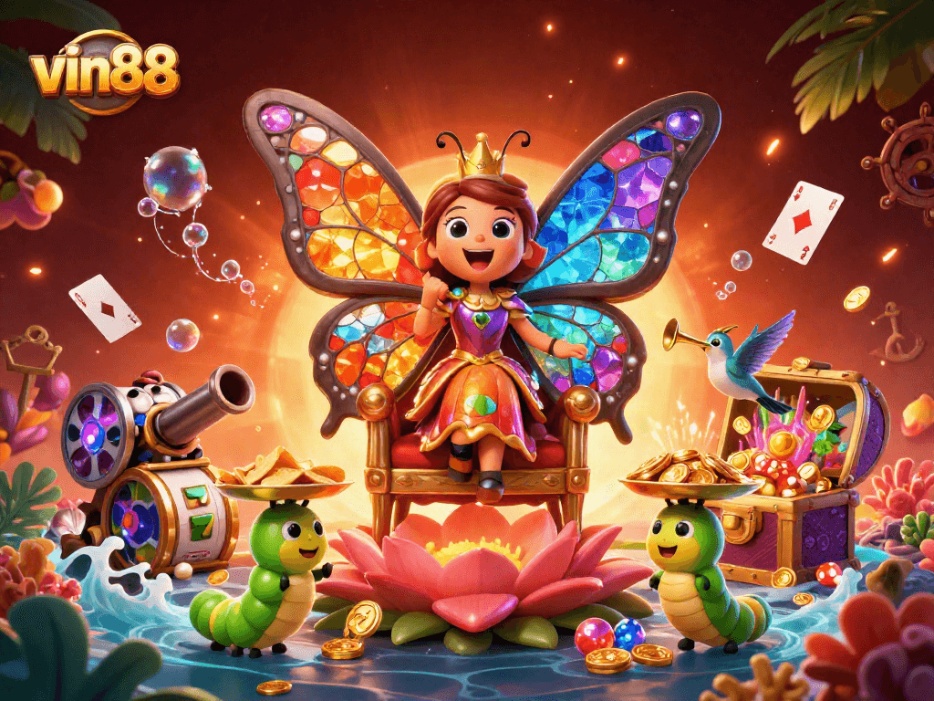 Win big at vin88 with colorful slot symbols surrounded by enchanting characters.
