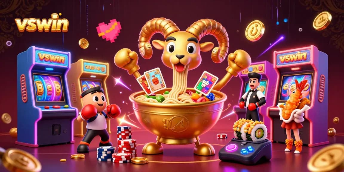 Experience the vibrant vswin casino scene with a golden ramen bowl character dealing cards and exciting slot game elements.