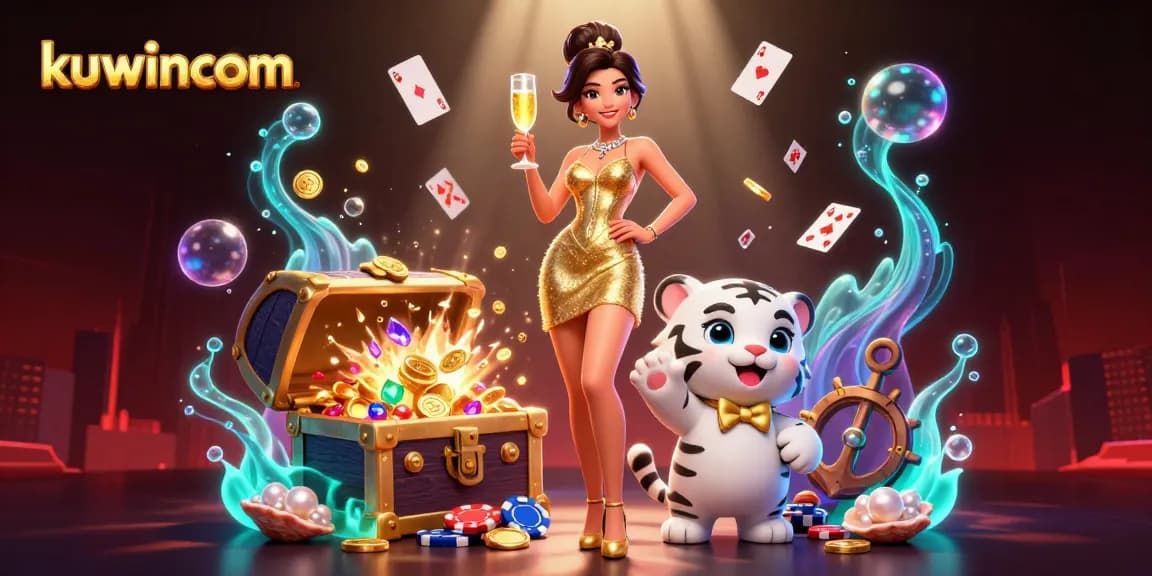 Kuwincom features thrilling gambling from a glamorous woman and a lucky tiger in a vibrant casino atmosphere.