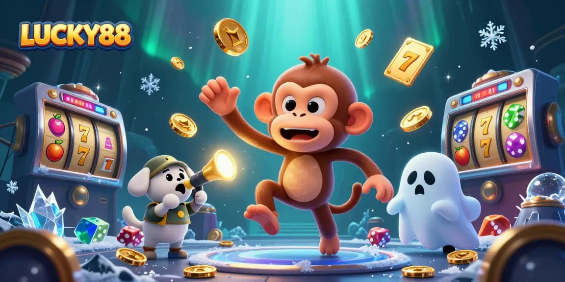 LUCKY88 slots scene with a mischievous poltergeist monkey and a curious puppy hunting treasures in a vibrant casino.