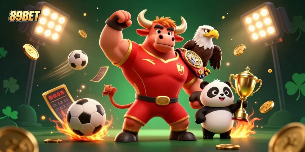 Experience sports betting excitement with 89BET's dynamic 3D illustration showcasing thrilling elements and characters.