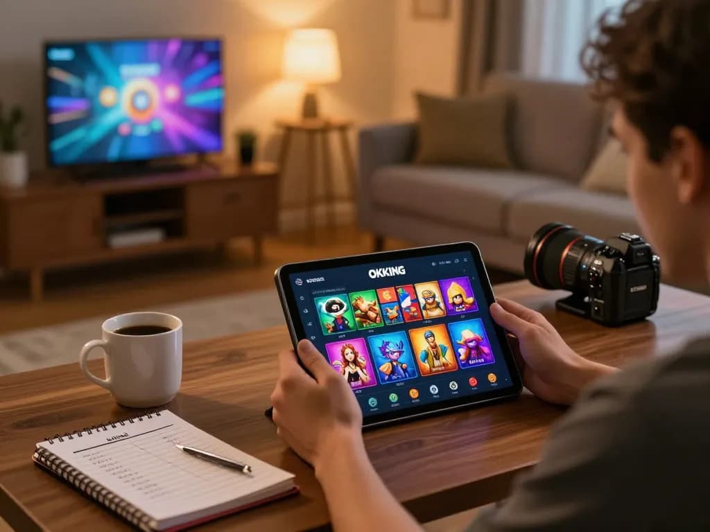 Engaging with okking1 app interface at home for an immersive online gambling experience.