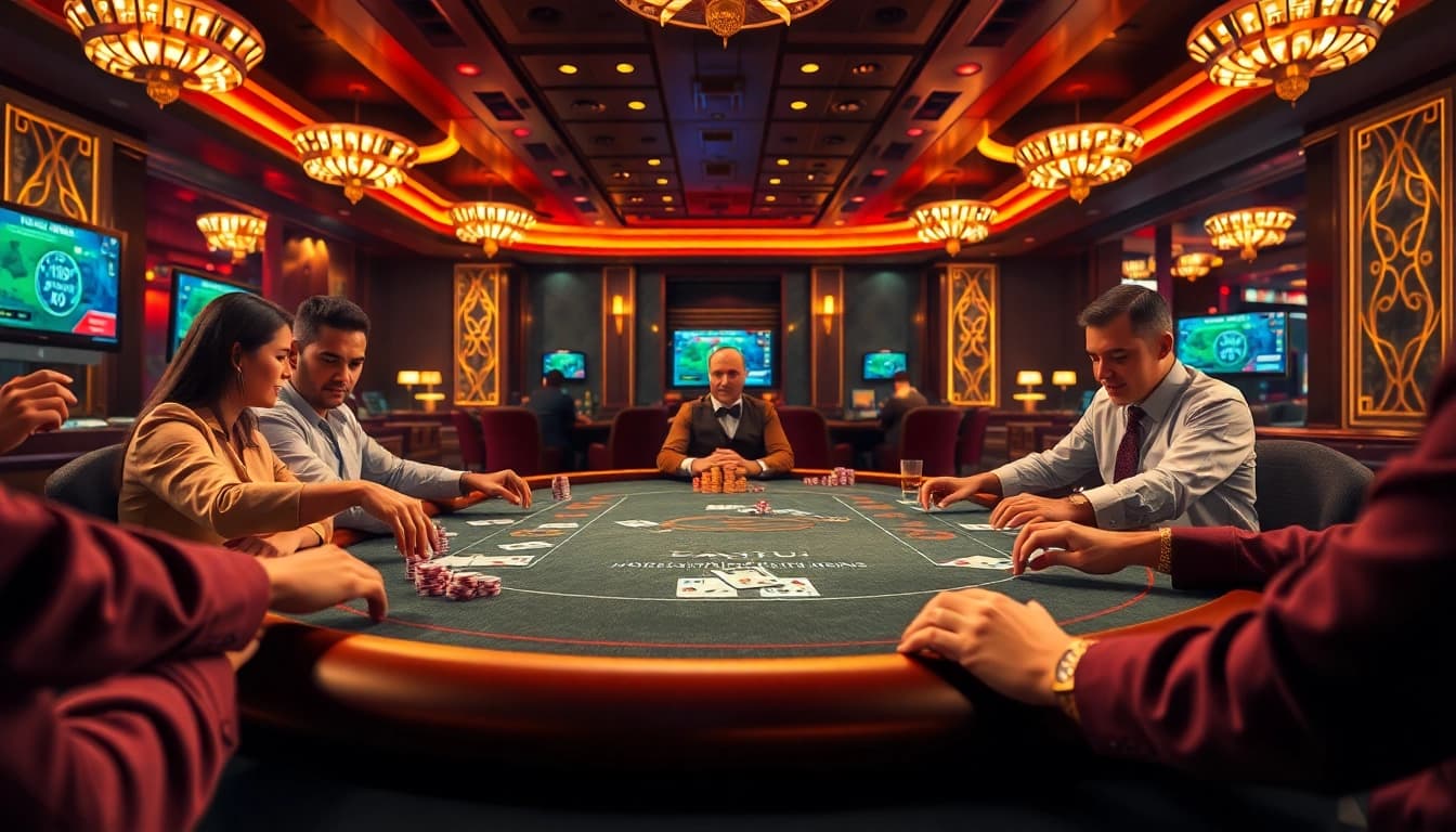 Players engaging in an exciting poker game at https://urr88.com/, showcasing vibrant casino colors and professional elements.
