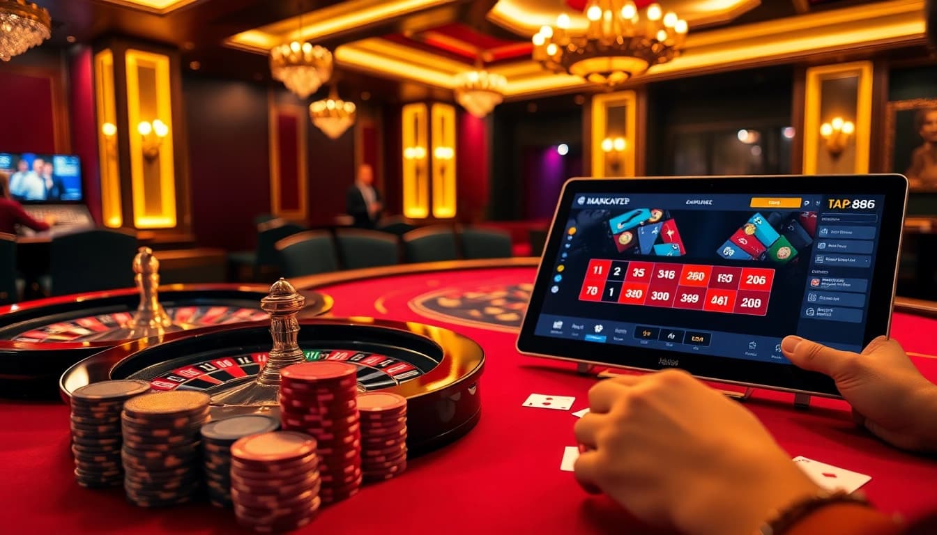 Action-packed casino gameplay scene featuring the luxurious atmosphere of https://da88.navy/ with roulette and poker elements.