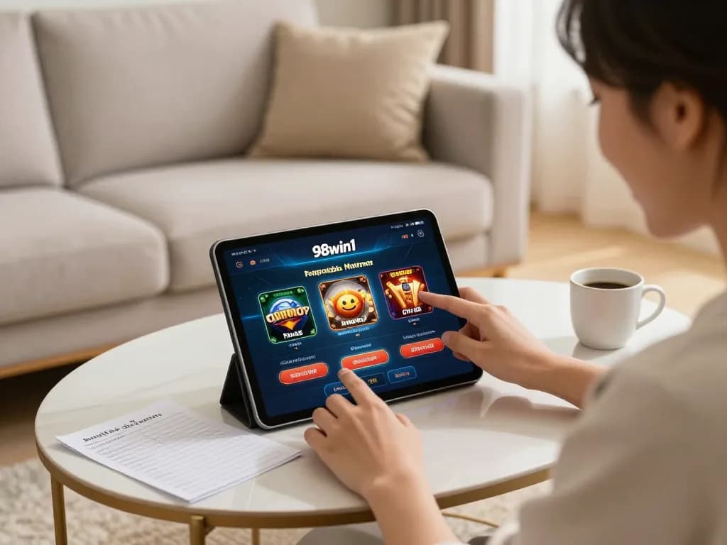 Engaging with the 98win1 casino on a tablet in a cozy living room, showcasing modern gaming.