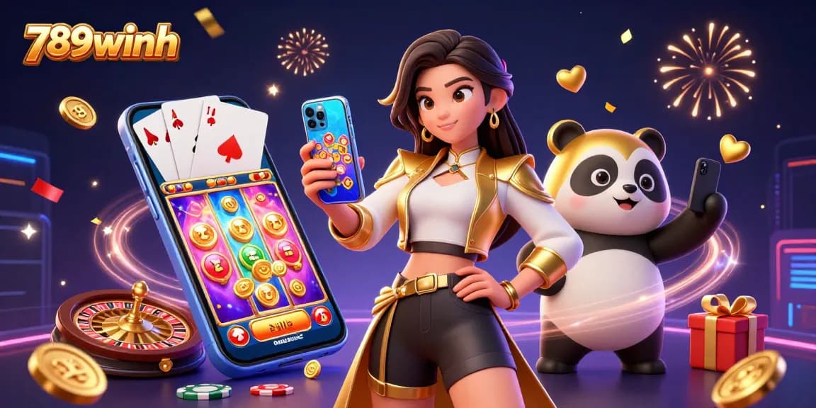 Engage with 789winh for exciting slot games and vibrant casino experiences, featuring a joyful Asian woman and a playful panda mascot.