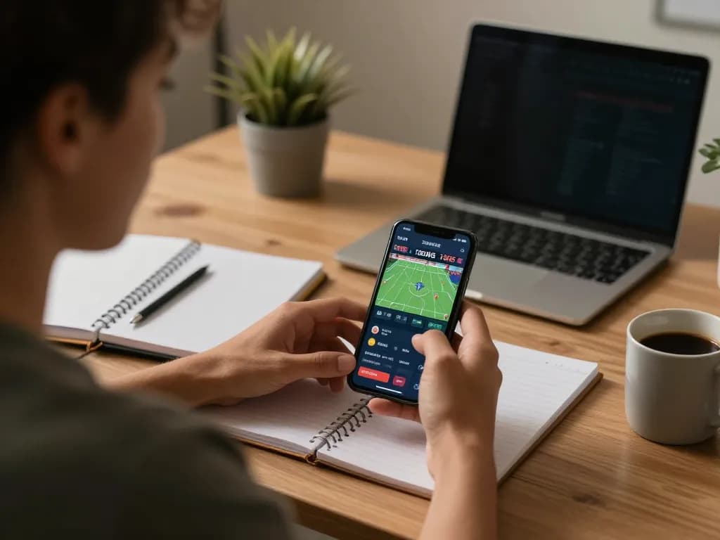 Enjoying online betting at trang chủ alo8 with smartphone in a cozy workspace