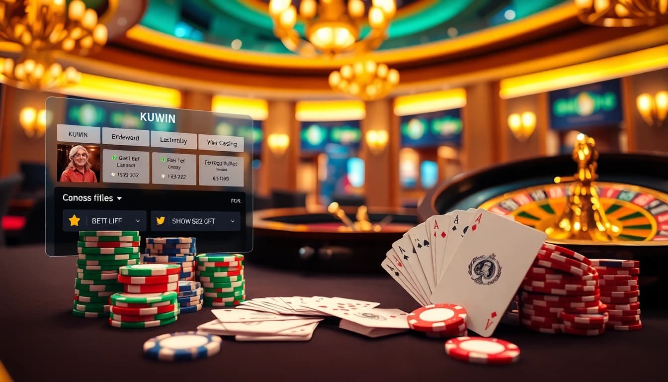 Engaging poker action at a KUWIN casino table with colorful chips and warm lighting.