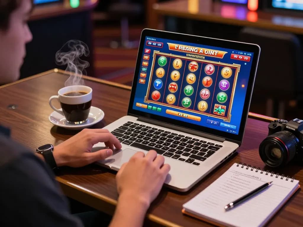 Engaging tg88 link for an exciting online casino experience with vibrant slot game visuals on a laptop screen.