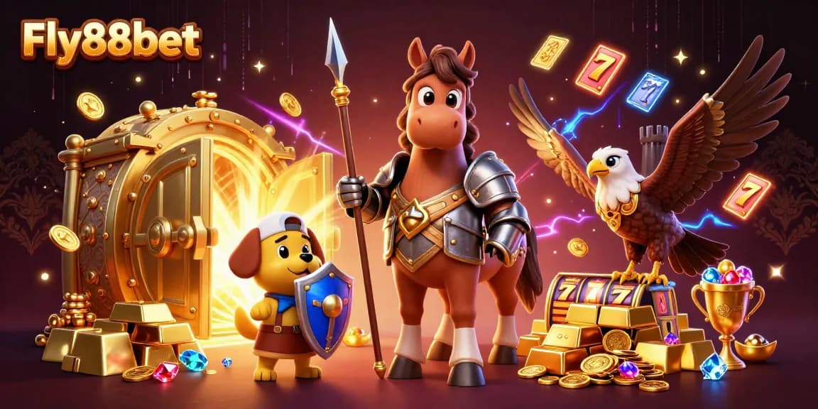 Experience the thrill of Fly88bet with an exciting casino scene, featuring vibrant slot reels and treasures.