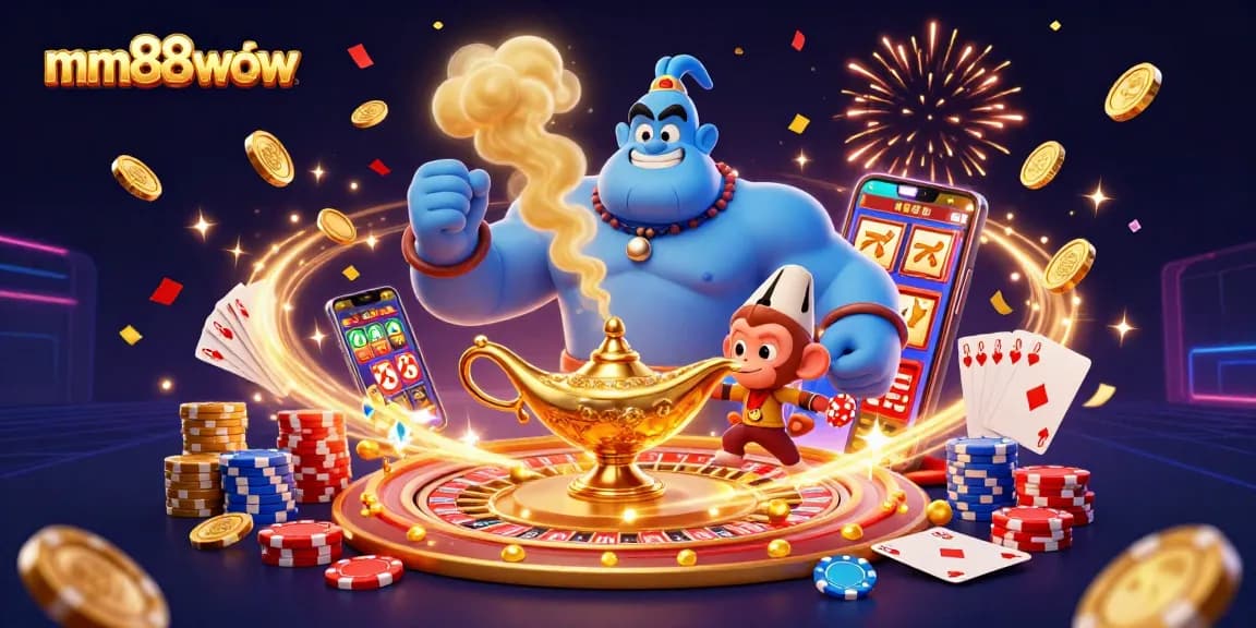 Experience thrilling gameplay with mm88wow as a genie bursts from a lamp surrounded by poker elements.