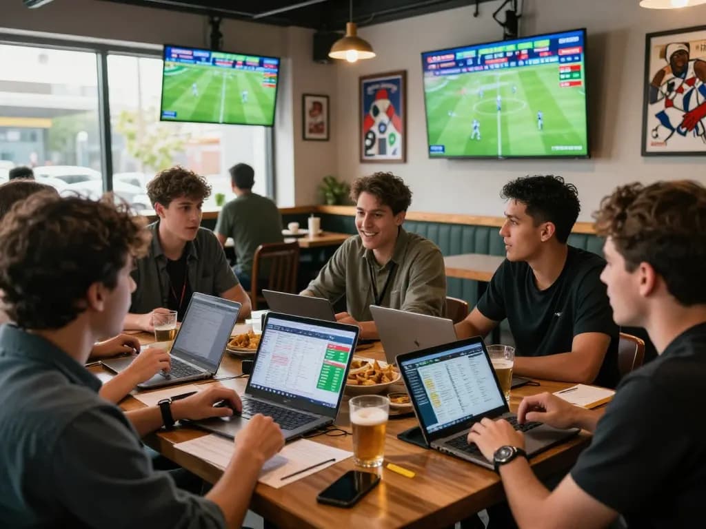 Exciting soccer betting experience showing tỷ lệ kèo trực tuyến updates in a lively sports bar.