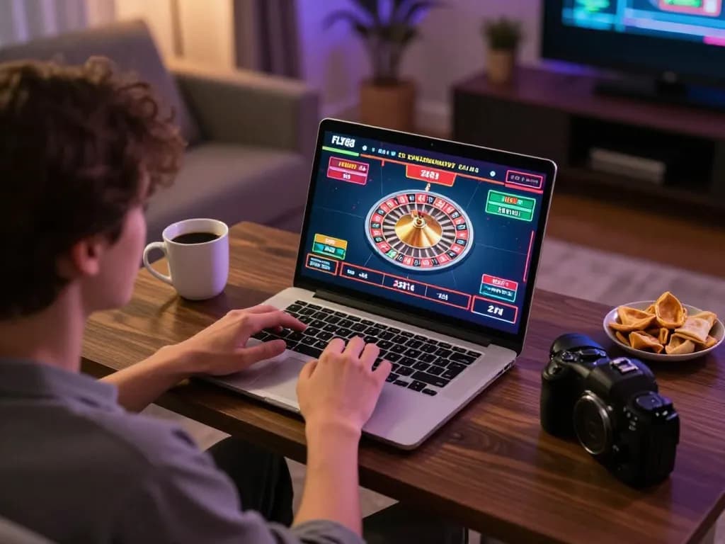 Engaging in FLY88's online roulette game from the comfort of home, showcasing responsible gambling.