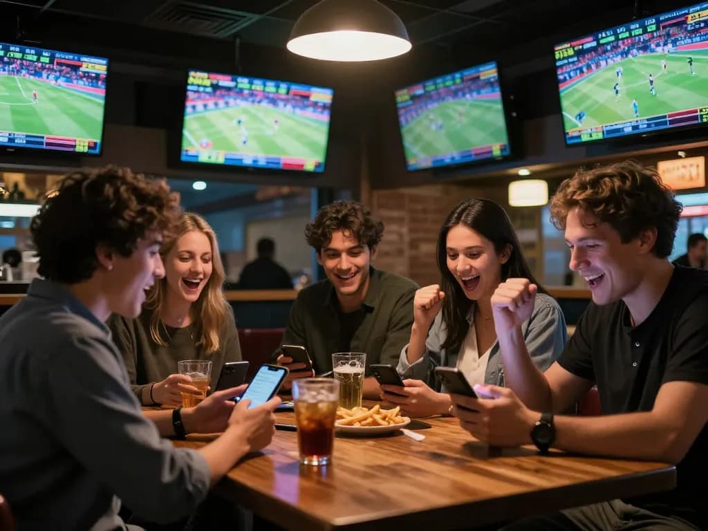 Sports bettors engaging with keonhacai odds in an exciting bar atmosphere.