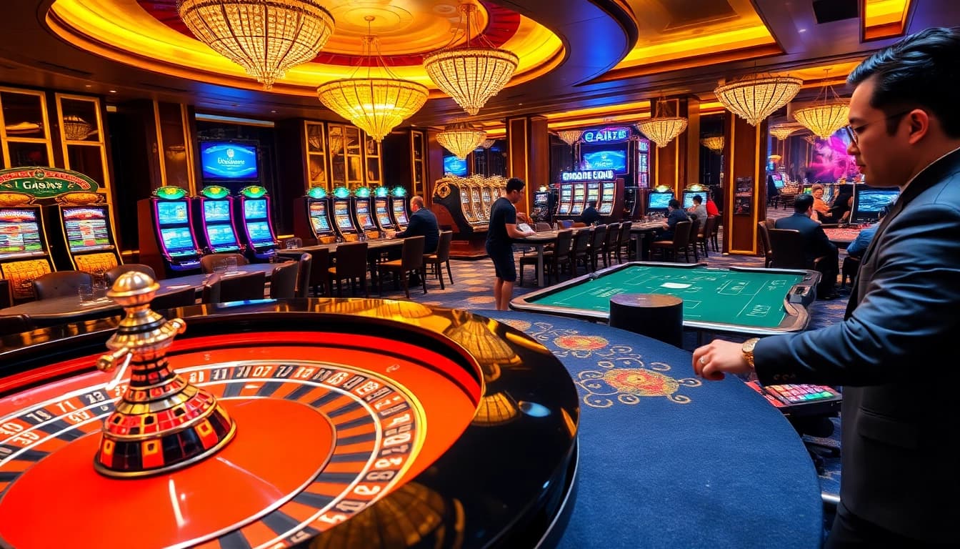 Exciting gambling scene at nhà cái ee 88 showcasing roulette and engaged players.