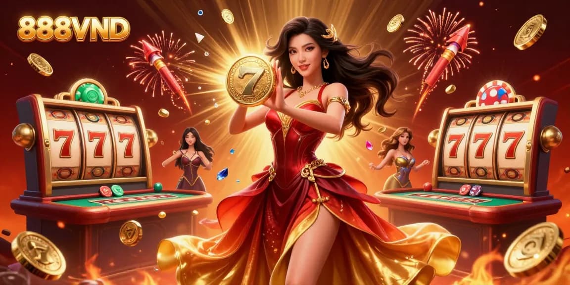 Experience the excitement of 888VND with vibrant slot machines in this dynamic illustration.
