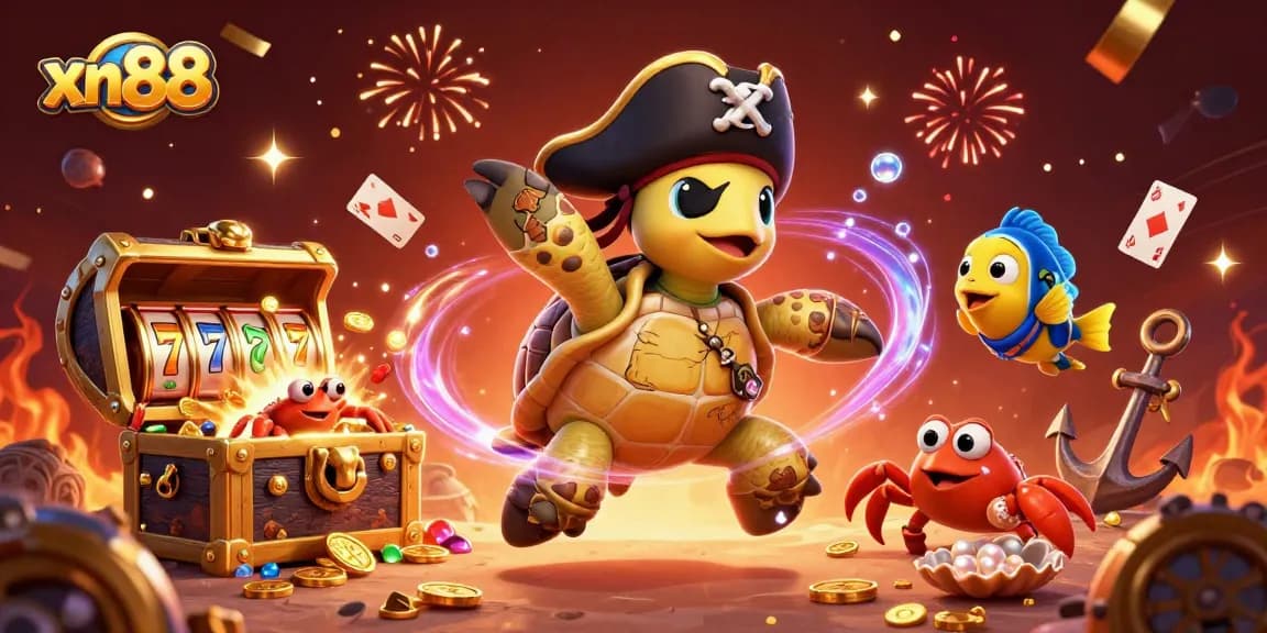 Experience exciting wins with xn88 in a vibrant pirate-themed casino illustration.