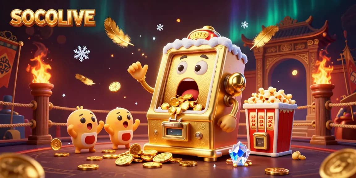 SOCOLIVE's animated golden slot machine celebrates a jackpot while coins cascade in a lively casino scene.