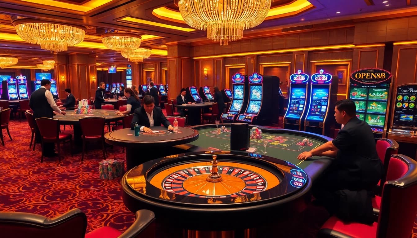 Experience the thrill of gaming with link vào OPEN88, showcasing elegant gambling tables and exciting casino visuals.