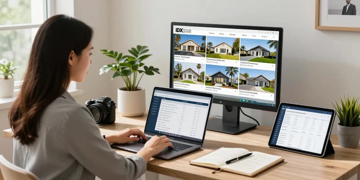Real estate agent utilizing IDXSTAR for effective property listings in a modern home office.
