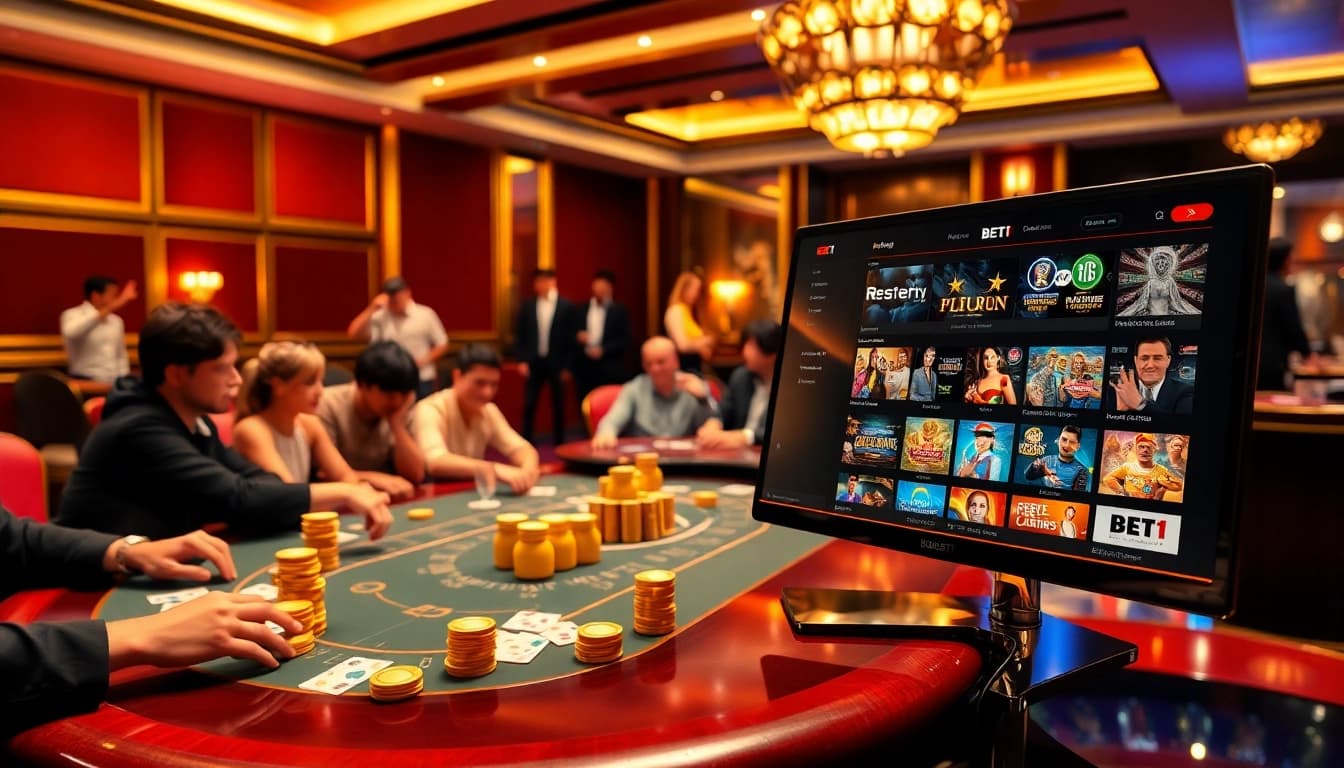 Experience the excitement of 8kbet1 with vibrant casino visuals including poker games and roulette.