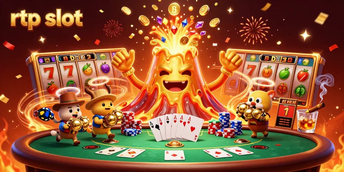Engage with rtp slot gaming through a vibrant eruption of treasure and excitement in this dynamic casino illustration.