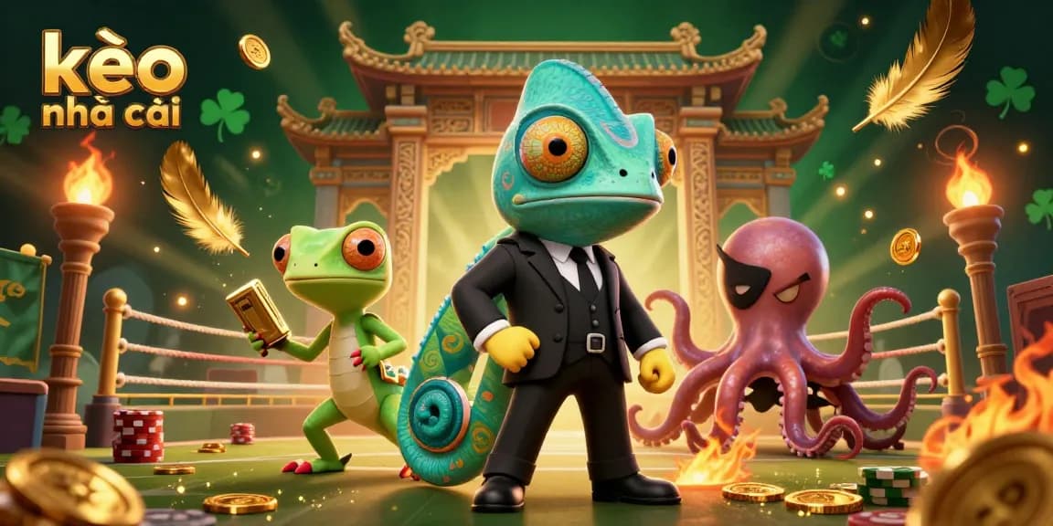Engage with kèo nhà cái through a vibrant scene featuring a chameleon, gecko, and octopus in a lively sports betting atmosphere.