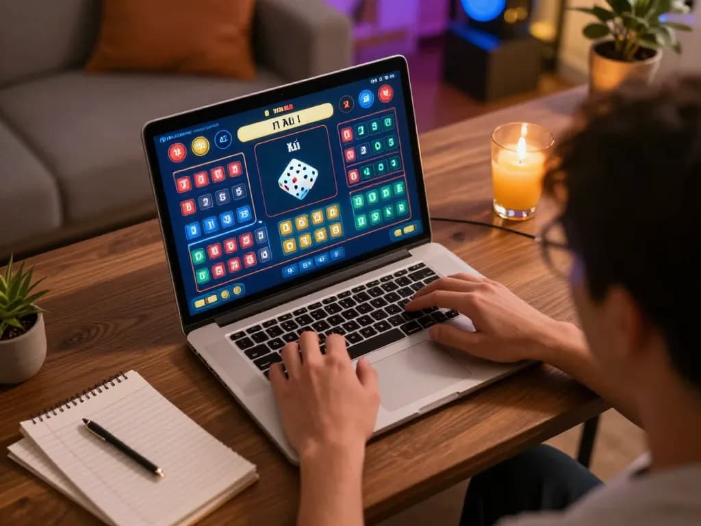 Tai Xiu Online 8 gameplay in a cozy home setup, showcasing a player strategizing on their laptop