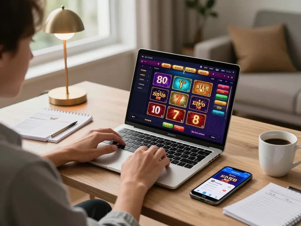 Person engaging in online gaming with Xin88 app on a sleek laptop, enjoying a cozy home setup